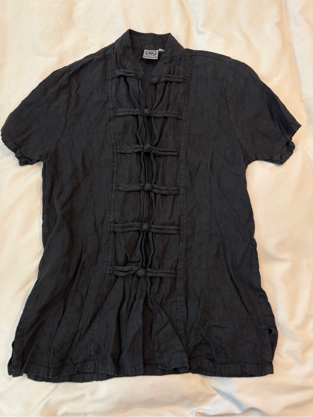 1/1 VTG Johnny Was Women’s Mandarin Collar Frog Button Shirt M 100% Linen BLACK